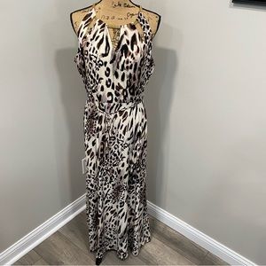 Sandra Darren Sleeveless Cheetah Leopard Print Maxi Dress with Gold Chain Neck